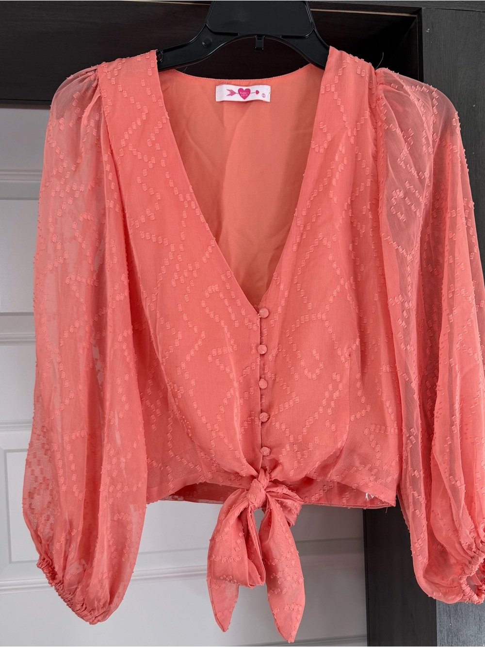 Buddy Love Coral Tie-Front Puff Sleeve Blouse Women’s Size S